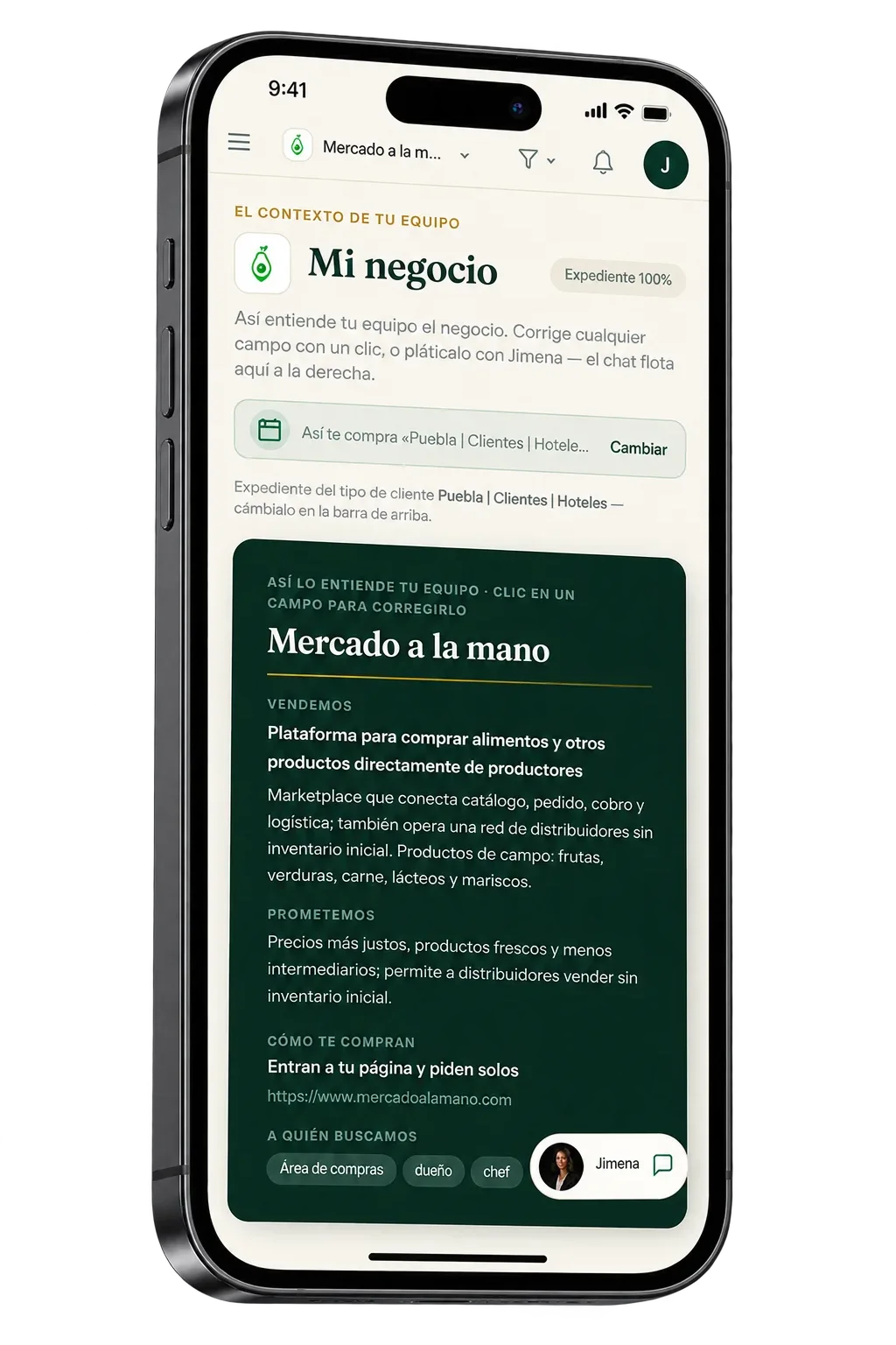 «Mi negocio» abierto en un teléfono: el expediente al 100% con lo que vende el negocio, lo que promete, cómo le compran y a quién busca, y el chat de Jimena flotando
