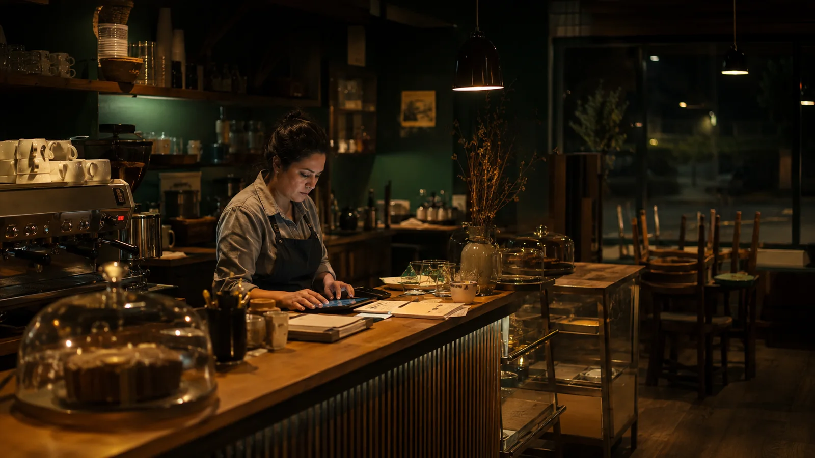 Dueña de una cafetería revisando pendientes en su tableta a última hora de la noche
