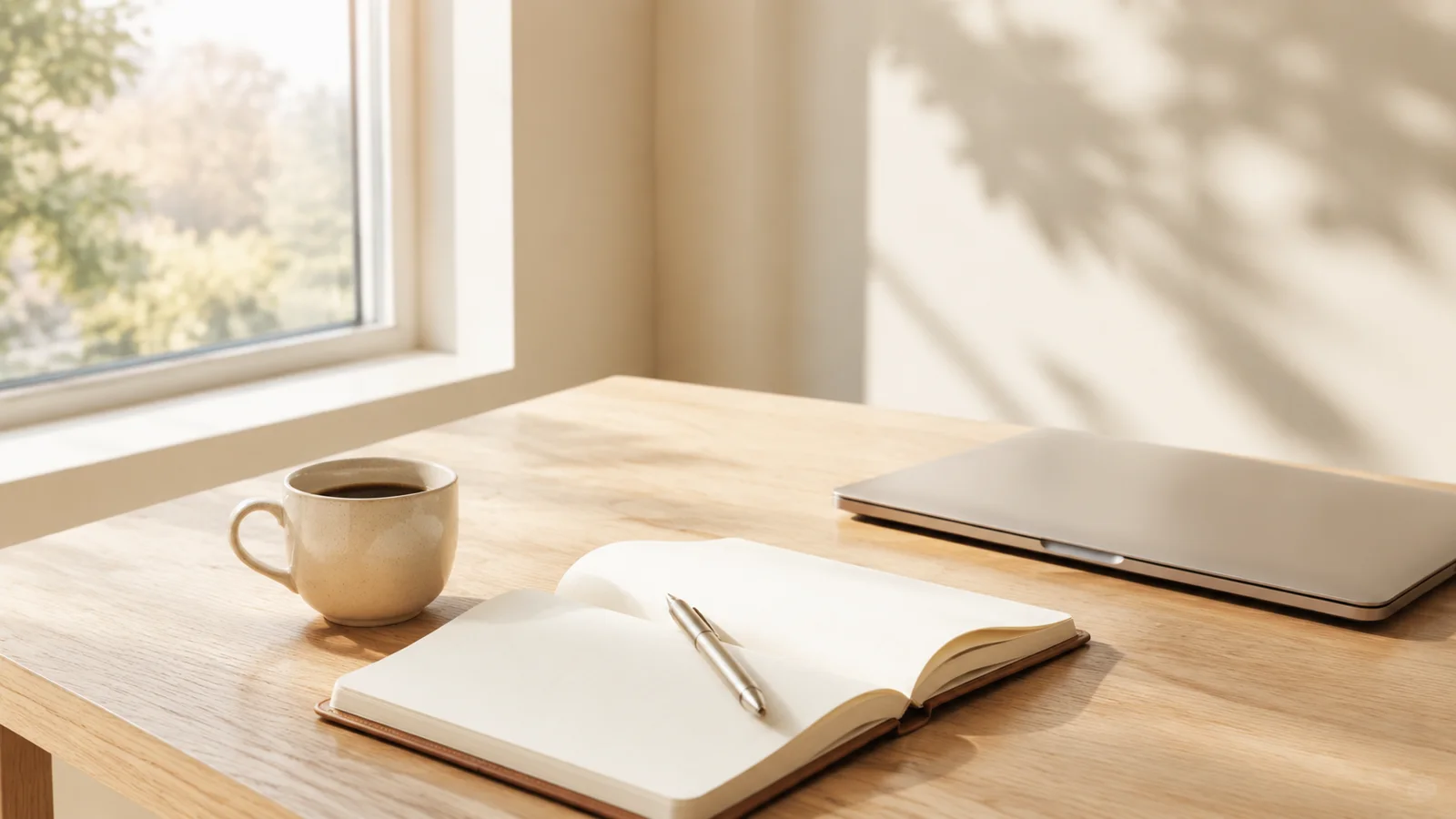 Escritorio con libreta, pluma y laptop cerrada a la luz de la mañana