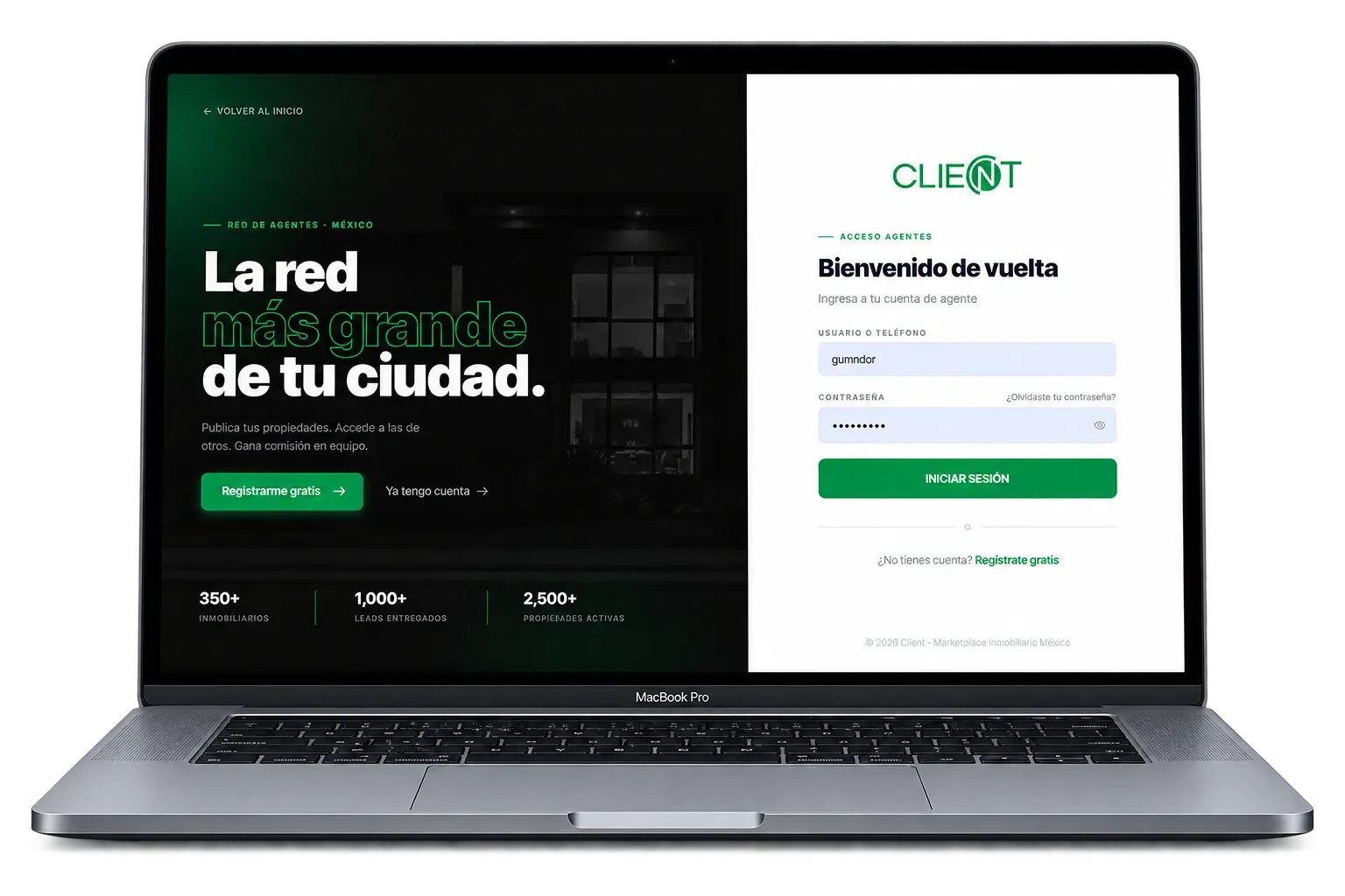 Acceso de agentes real de Client en una MacBook Pro: mitad negra con la promesa de la red y mitad blanca con el inicio de sesión
