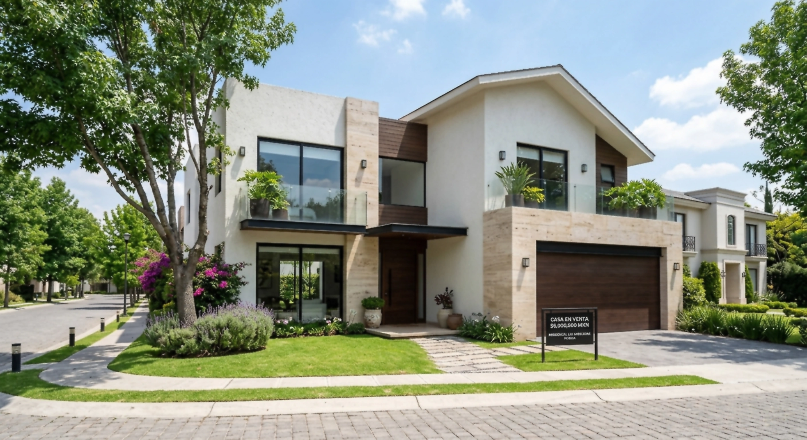 Casa en venta de dos niveles en un residencial de Puebla: cantera, madera, ventanales y jardín al frente