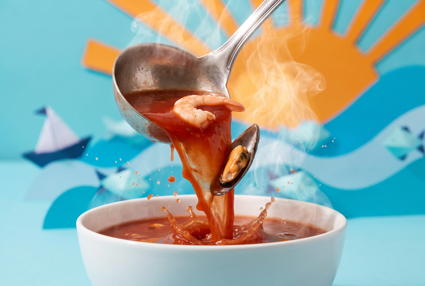 Caldo de mariscos recién servido