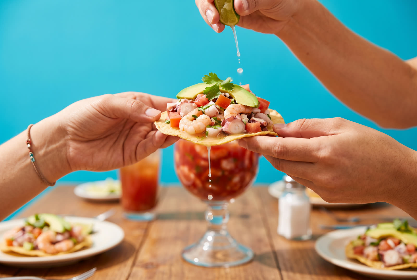 Tostada de mariscos en las manos