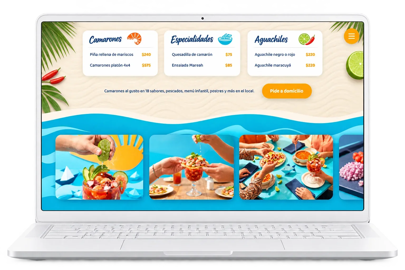 El menú de Mareah! en pantalla, con los precios de camarones, especialidades y aguachiles