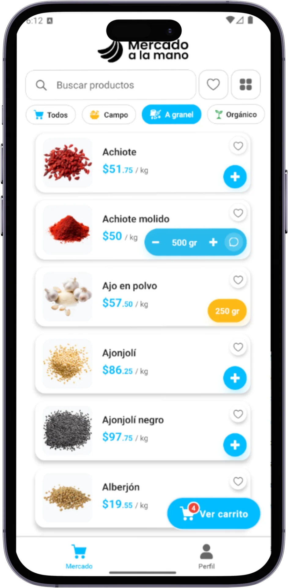 Mercado App - Vista móvil