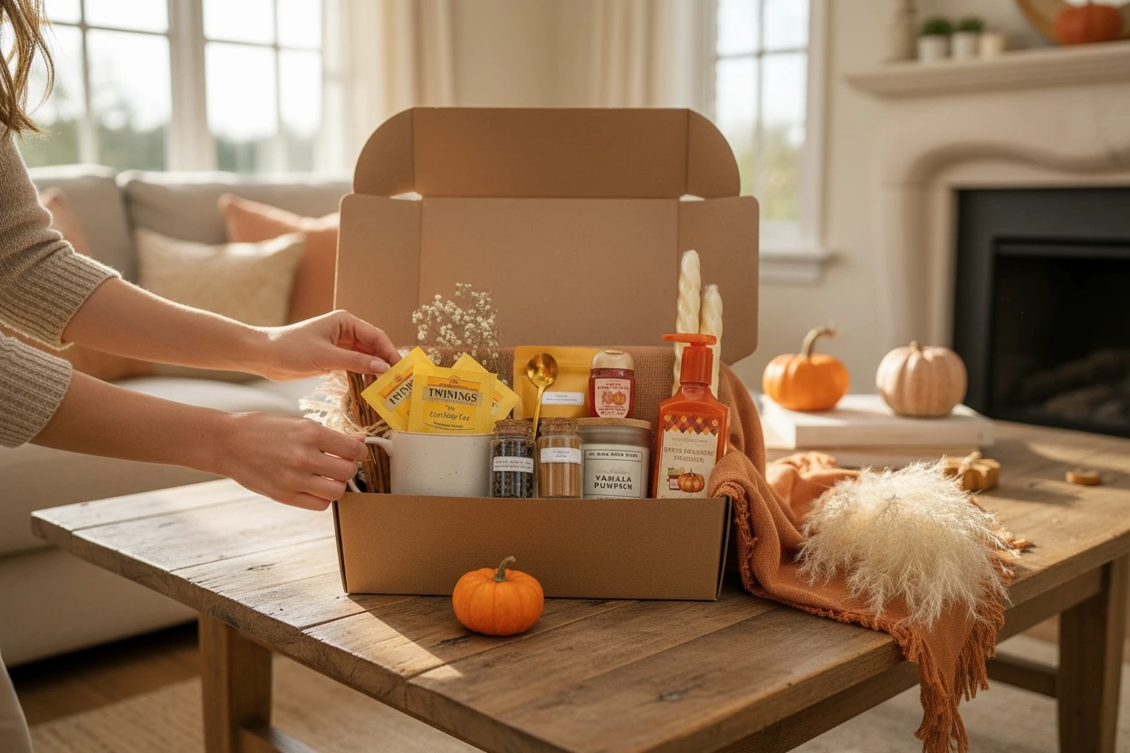 Caja de regalo de otoño siendo armada