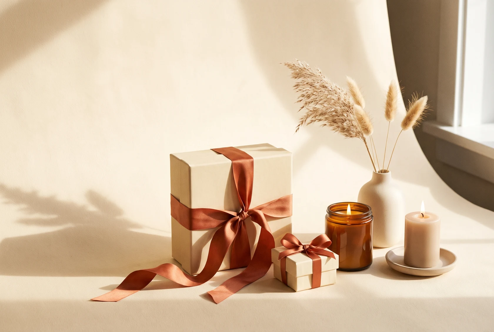 Cajas de regalo con listón terracota y vela encendida