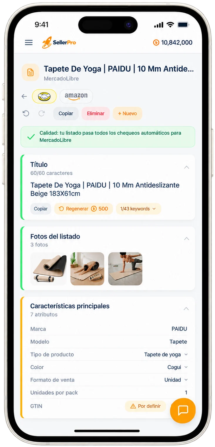 SellerPro en un iPhone: el editor del listado del tapete de yoga PAIDU, con el título a 60 de 60 caracteres, sus tres fotos y las siete características.