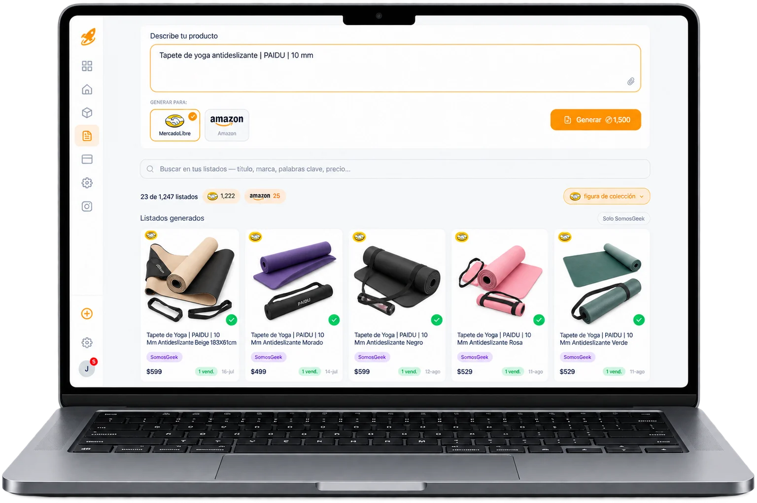 SellerPro en una MacBook: el catálogo de la tienda PAIDU, con los cinco tapetes de yoga publicados y sus precios. El primero es el mismo listado que está abierto en el teléfono.