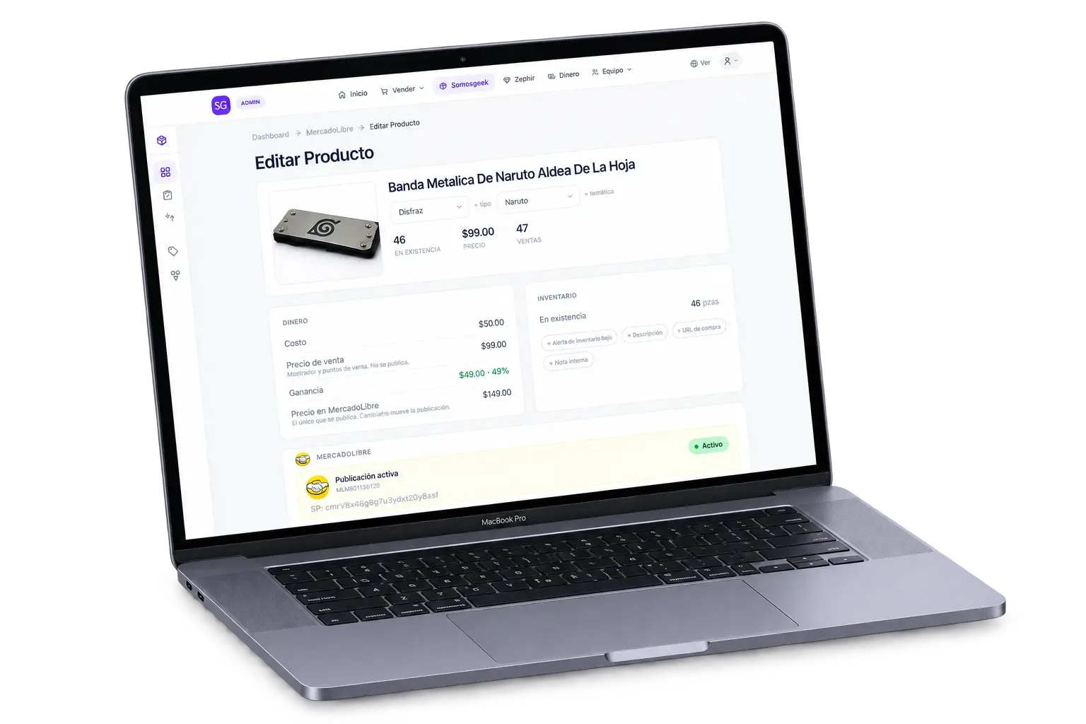Editor real de producto de Somos Geek con costo, precio, ganancia y publicación activa en MercadoLibre