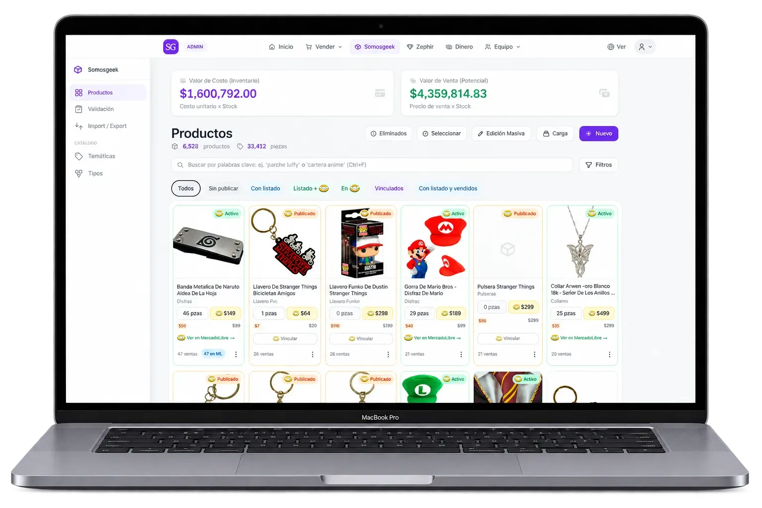 Panel real de inventario de Somos Geek: 6,528 productos y 33,412 piezas valuadas