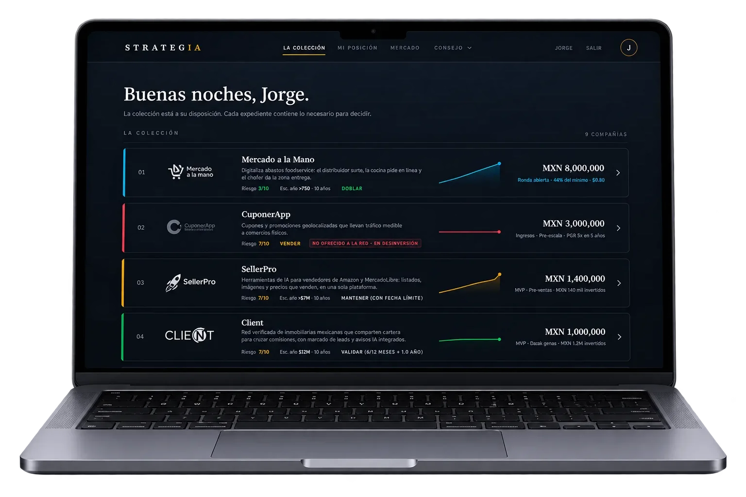 La colección abierta en el portal, con el contador de nueve compañías: cada renglón trae su nivel de riesgo, su etapa, su valuación vigente y el veredicto del consejo —doblar, mantener con fecha límite, validar o vender