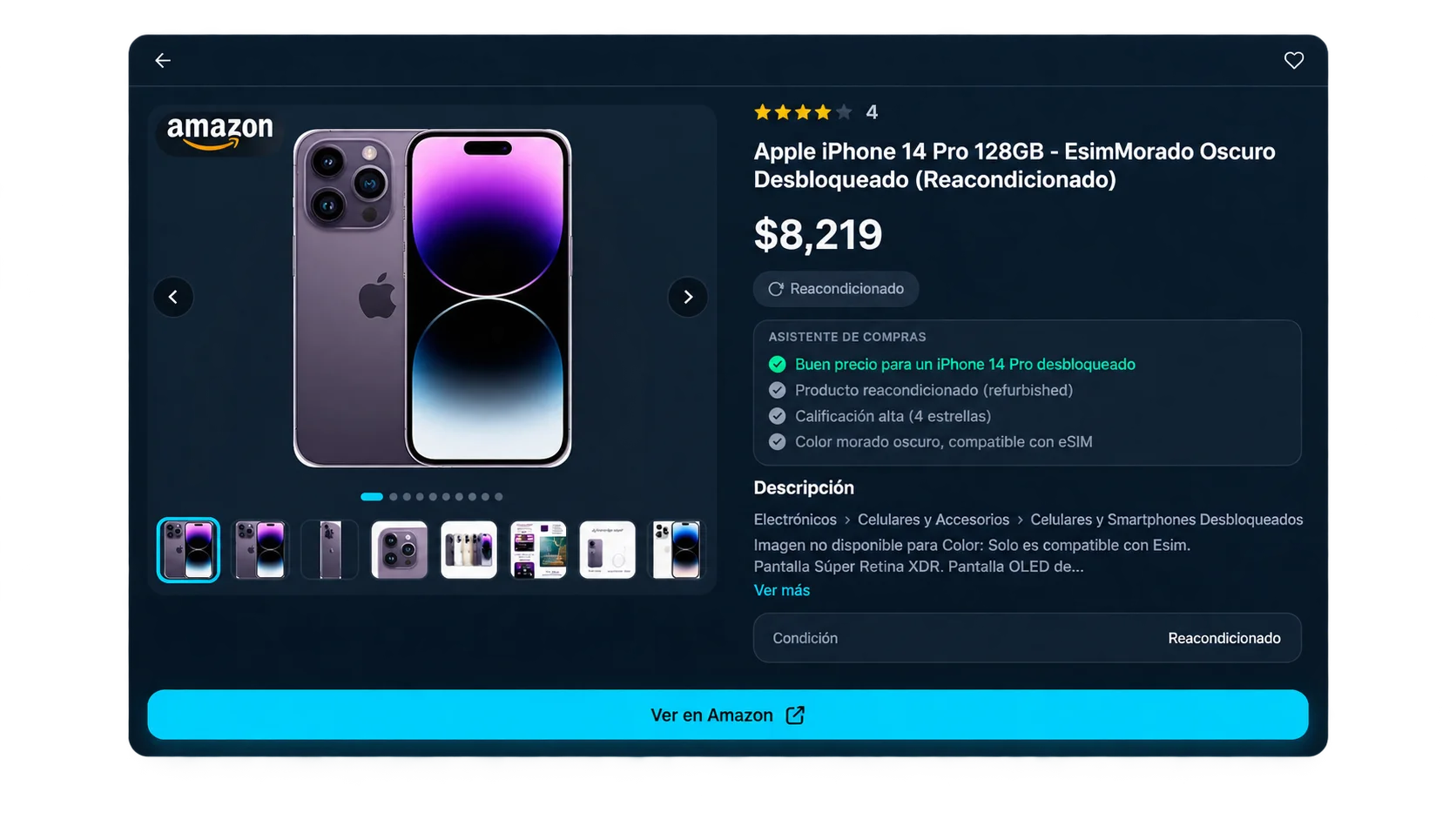 Ficha de producto de Trova: el asistente de compras explica por qué el iPhone 14 Pro reacondicionado en Amazon es buen precio